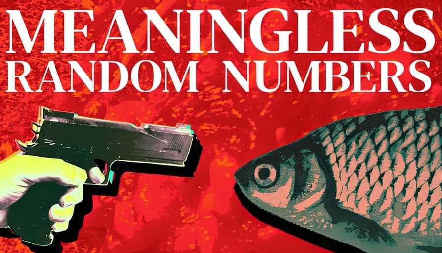 Meaningless Random Numbers: hand aims black pistol left at giant fish eye close-up on red textured background.