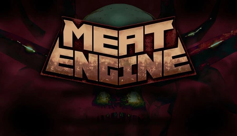 Meat Engine: Large blocky title over red fleshy biomechanical tunnel walls with teal skull shapes at sides.