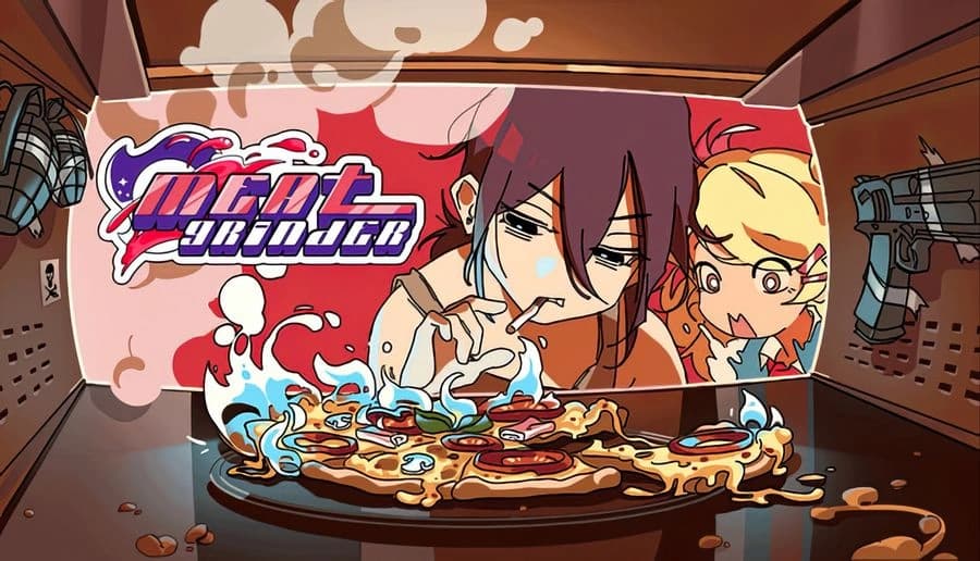 MEAT-GRINDER: Red-haired woman smokes behind a counter piled with meat; blond boy watches in a steamy kitchen.