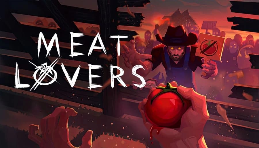 Meat Lovers: cowboy aims pistol while holding glowing red tomato bomb in a hand at night in a purple city street.