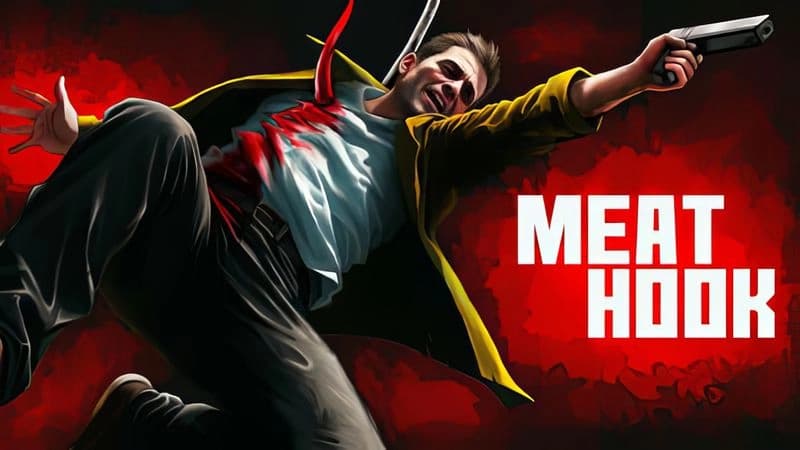 MEATHOOK: Man in jacket with gun and bloody shirt pulled by large hook, set against a dramatic red textured backdrop.