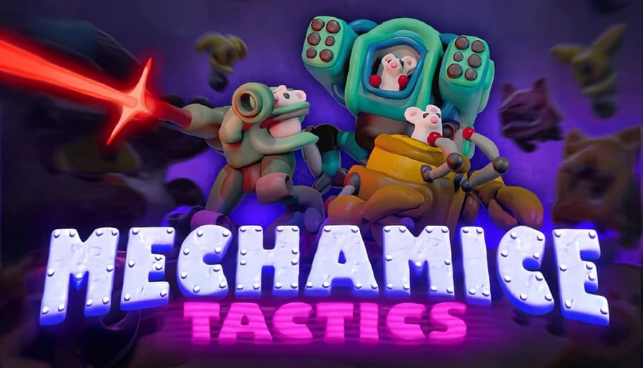 Mechamice Tactics: Battle-ready mice in robotic suits confront dark-matter felines amidst a sci-fi battlefield.
