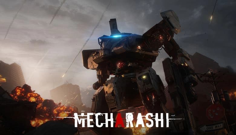Mecharashi: Giant battle mech amid fiery urban ruins, dark clouds overhead, missiles streaking into crumbling buildings.