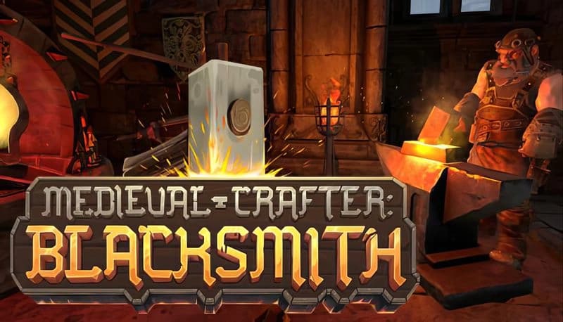 Medieval Crafter: Bearded blacksmith hammers glowing metal in dimly lit forge with stone walls and flickering lantern.