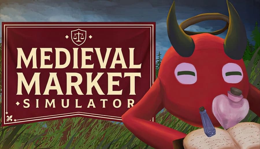 Medieval Market Simulator: red horned creature licks pink crystal beside dagger grassy hillside under cloudy sky.