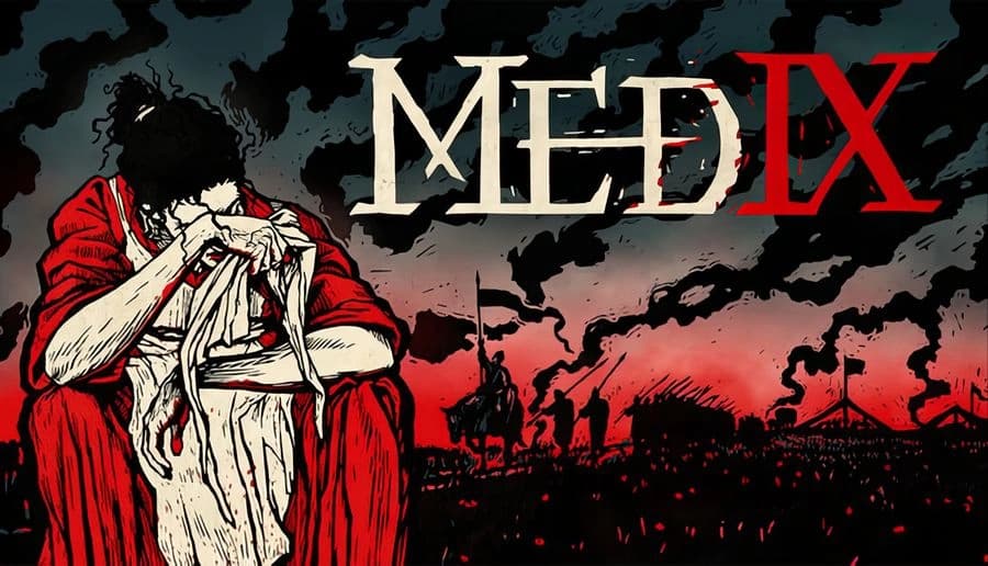 MEDIX: medic soldier wipes blood from his face with bandage, crouched amid silhouetted battlefields at dusk.