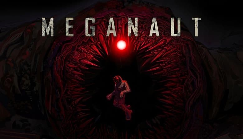 MEGANAUT: Astronaut drifts toward glowing red eye of monstrous alien anglerfish with sharp teeth in vast, dark megastructure.