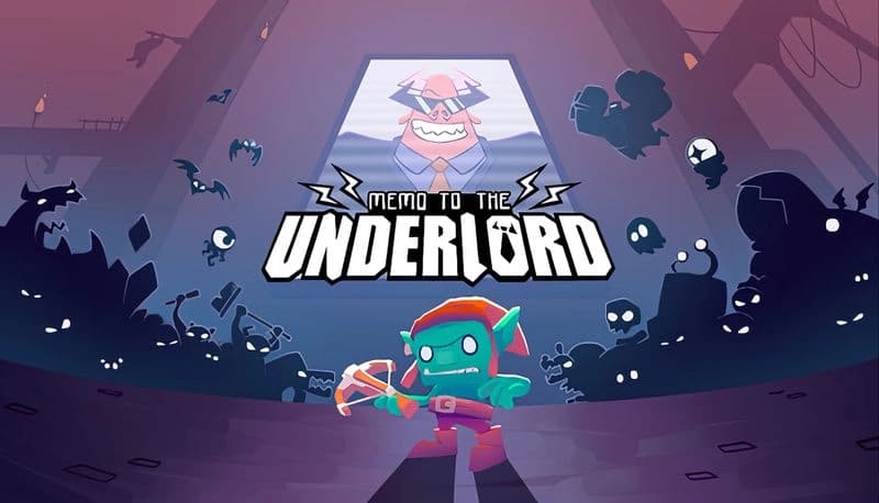 Memo to the Underlord: Goblin with crossbow confronts shadow creatures in dark cavern under menacing overseer's gaze.