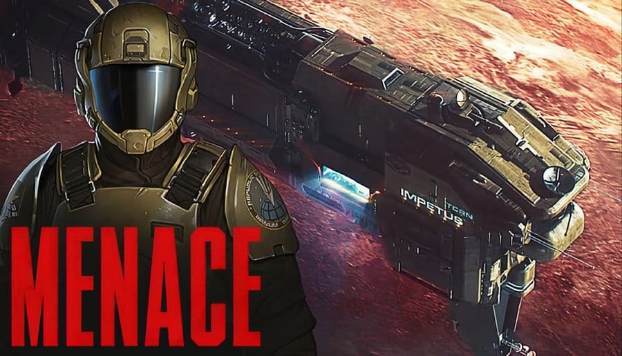 MENACE: Armored soldier stands beside massive spaceship orbiting a red planet, preparing for tactical deployment.