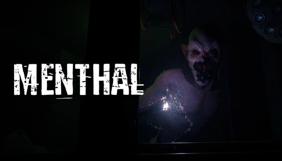 Menthal: snarling pale monster lunges from darkness, open mouth and glowing chest, beside title on black backdrop.