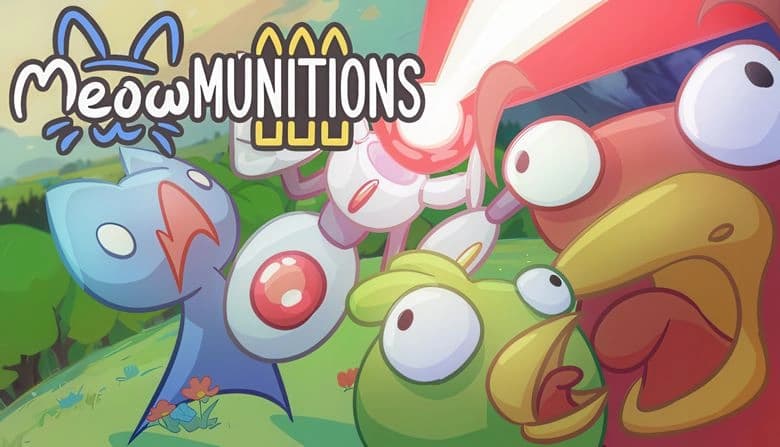 Blue cartoon cat with large eyes screams and fires a futuristic weapon at colorful scared birds in sunny grassy landscape.
