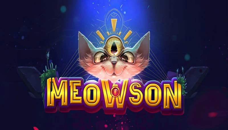 MeowSon: Cat face with glowing eye wears a mystical gem tiara. Surrounded by vibrant colors and geometric patterns.