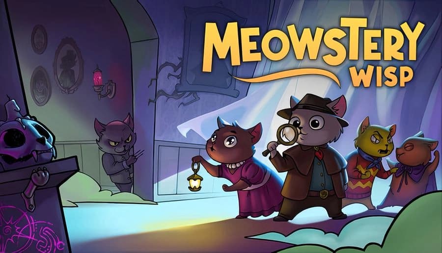 Meowstery Wisp: Cat detectives holding lantern and magnifying glass in spooky mansion hallway with skull and crystals.