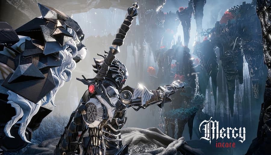 Mercy Incore: armored knight with glowing sword arm reaches forward in snowy ruins beside a giant stone face.