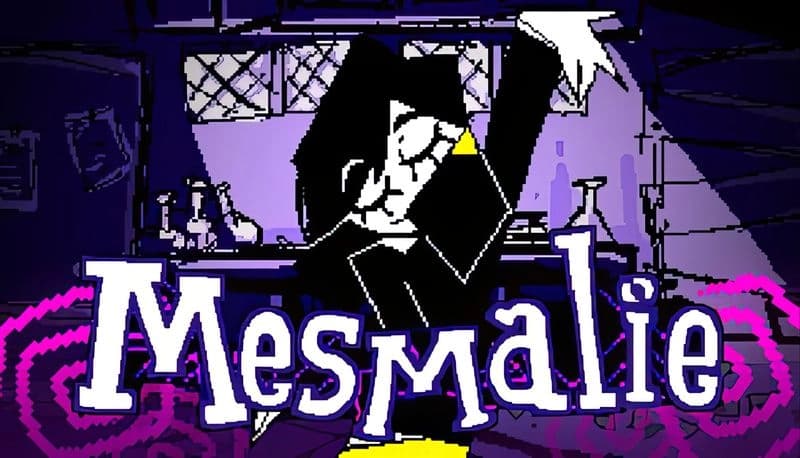 Mesmalie: A young witch in black robes gestures dramatically in a dim room with potion vials and a purple-lit backdrop.