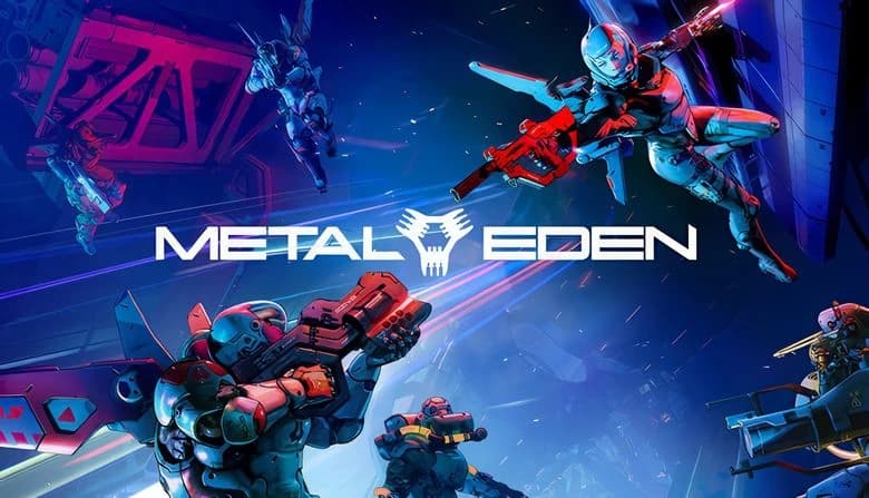 A female soldier with robotic wings wallruns in sleek armor, firing a red energy weapon at enemy soldiers in a sci-fi city.