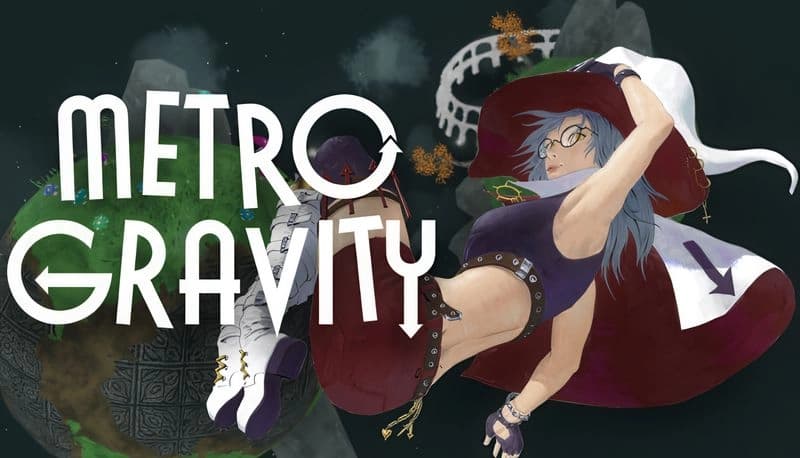 A young woman with gray hair, witch hat, cape, glasses, and punk clothing floats in space, with planets and paths nearby.