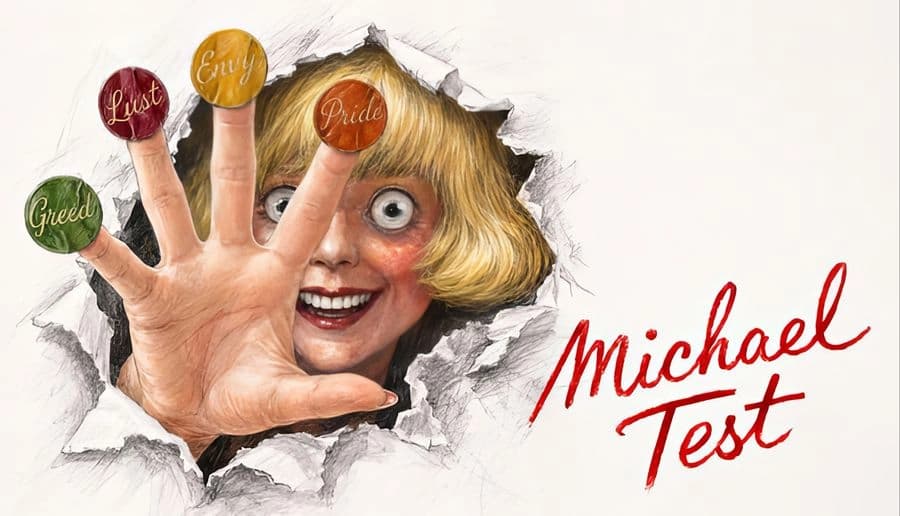 Michael Test: Wide-eyed blond woman grins, holding up three fingers with a “Pride” ring, torn paper backdrop.