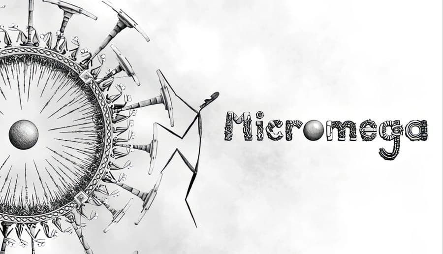 Micromega: Abstract figures walk around a spiked wheel on a white background, blending surreal artistry with puzzle elements.