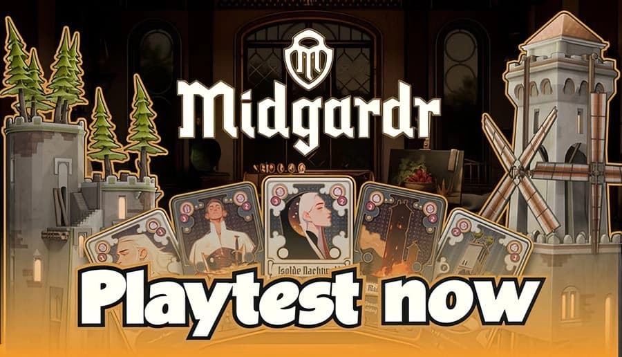 Midgardr: Cards with medieval portraits rise over a town gate and watchtower with crossed swords at dusk sky.