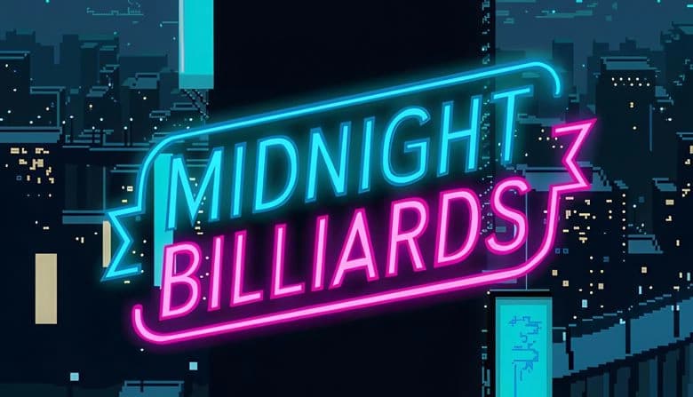 Midnight Billiards: Neon blue and pink logo illuminates pixelated city skyline under a dark night sky with scattered lights.