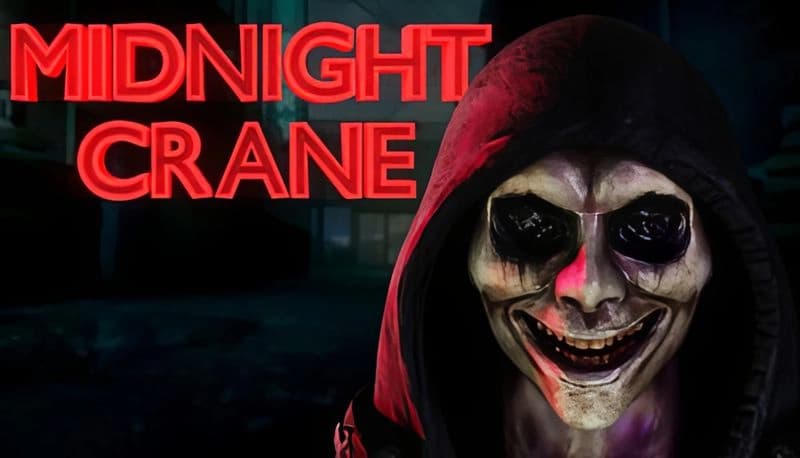 Midnight Crane: Hooded figure with waxy grin, dark eyes in alley, neon lights casting eerie shadows on sinister features.
