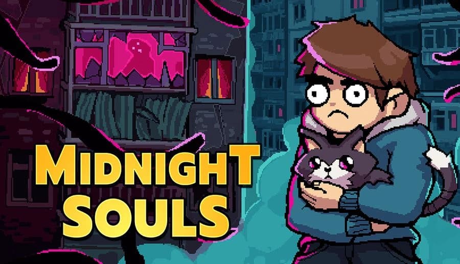Midnight Souls: wide-eyed young man hugs a gray cat on a city street, neon windows and shadowy buildings behind.