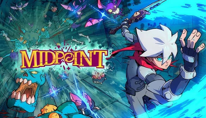 A young boy with white hair in armor wields a glowing blue sword, battling blue monsters and purple bats in a dark dungeon.