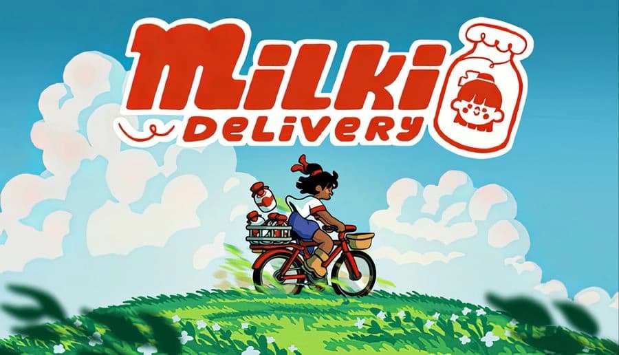 Milki Delivery: young woman pedals a red bicycle with a crate of milk bottles under a bright sky above green hills.