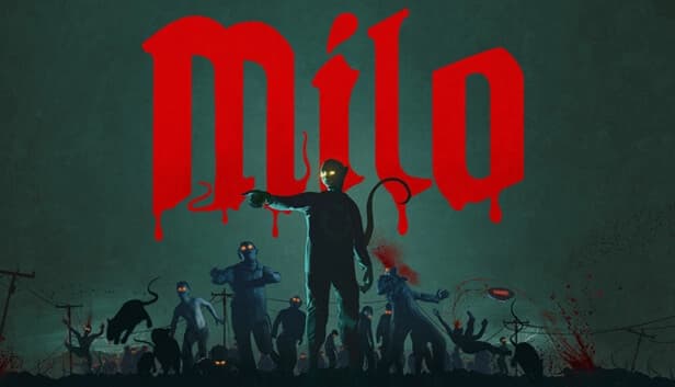 A dark figure wearing a coat stands at the center, surrounded by yellow-eyed mice and zombies, with splashes of blood.