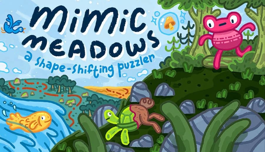Mimic Meadows: Colorful animals and mushrooms around handwritten title on a blue sky background with green leaves.