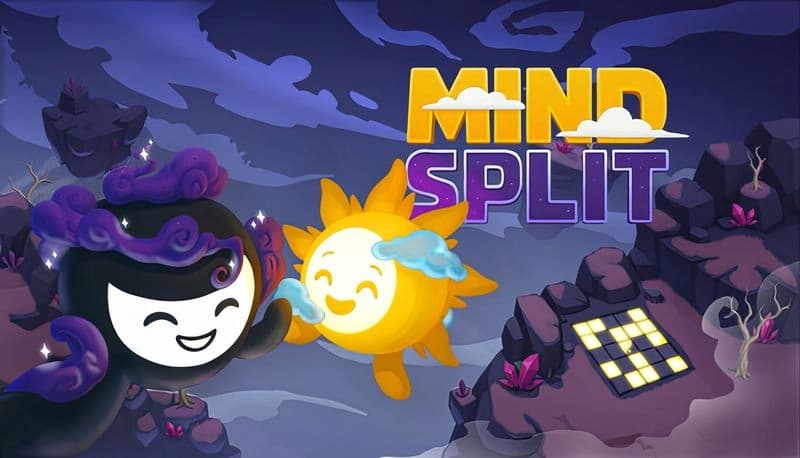 Mind Split: Cartoon sun and moon characters holding hands amidst floating purple rocks beneath a night sky, grid pattern visible.