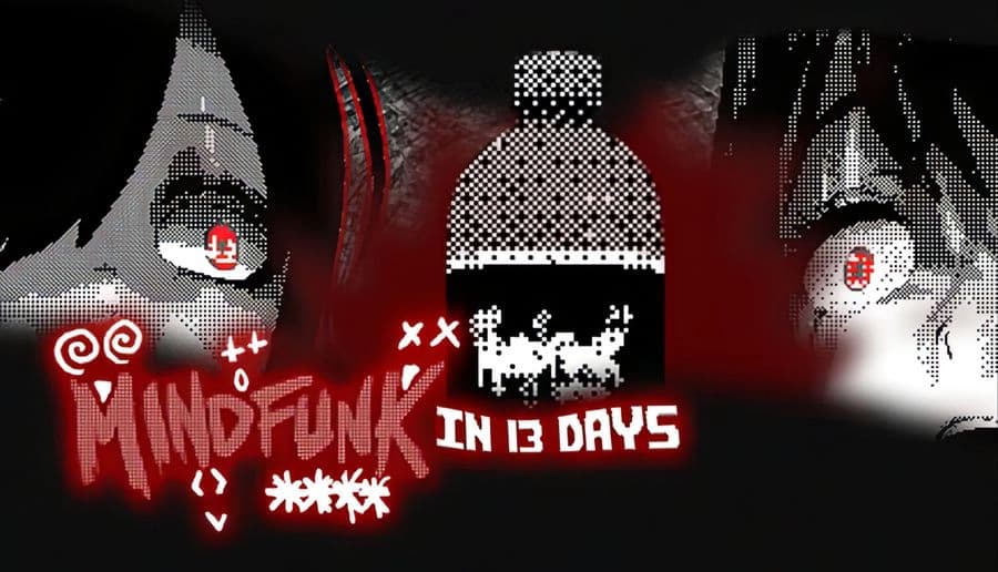 MINDFUNK In 13 Days: Pixelated faces stare toward a bottle with skull icon, red haze and glitchy black background.