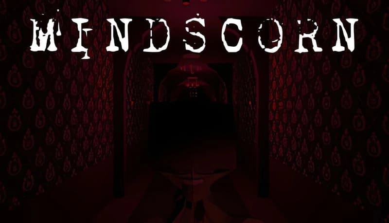 Mindscorn: Dark hotel corridor with patterned walls, dim lighting, and ominous shadows creating a sense of foreboding.