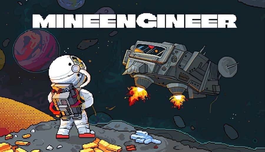 MineEngineer: astronaut watches a large spacecraft blasting thrusters above a rocky moon with asteroids in space.