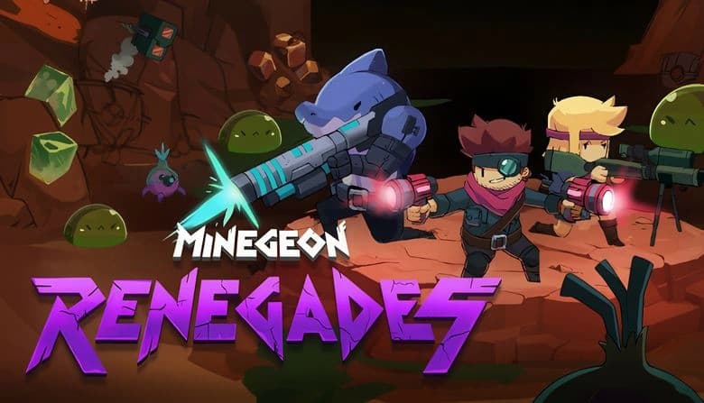 A man with dual pistols, a woman with a sniper rifle, and a shark carrying a bazooka face slime enemies in a rocky cavern.