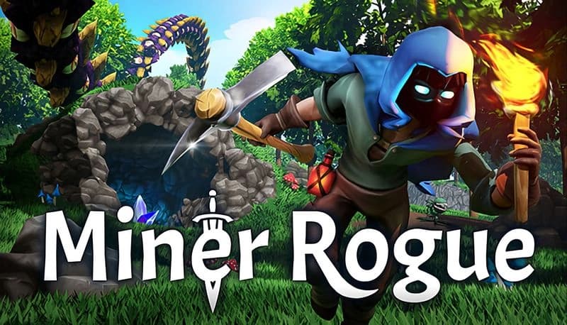 Miner Rogue: Hooded figure with torch and pickaxe runs from tunnel beneath coiled monster in rocky, forested area.