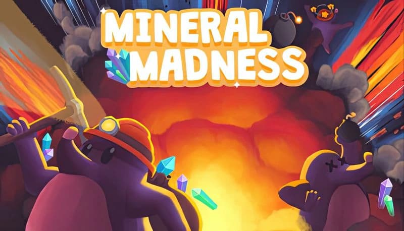 Mineral Madness: Two cartoon moles wearing helmets wield pickaxes amid colorful crystals in a fiery underground cave.