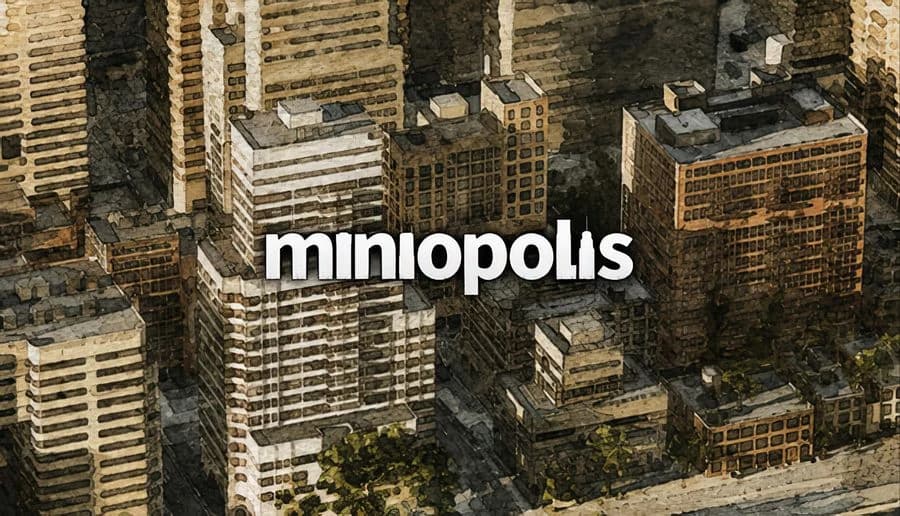 miniopolis: top-down view of a dense city block with tall office towers, smaller buildings, and tree-lined streets.