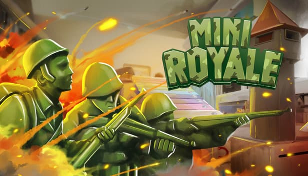 Mini Royale: Green toy soldiers advance in fiery battleground beside a fort, amidst explosions. Plastic army style.