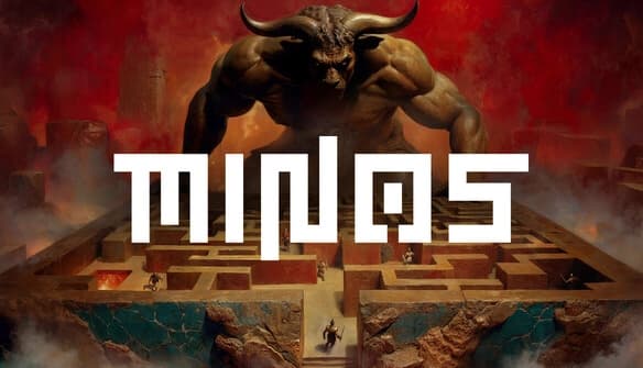 Minos: Giant minotaur towers over labyrinth as tiny figures navigate maze paths in a mystical, red-hued landscape.