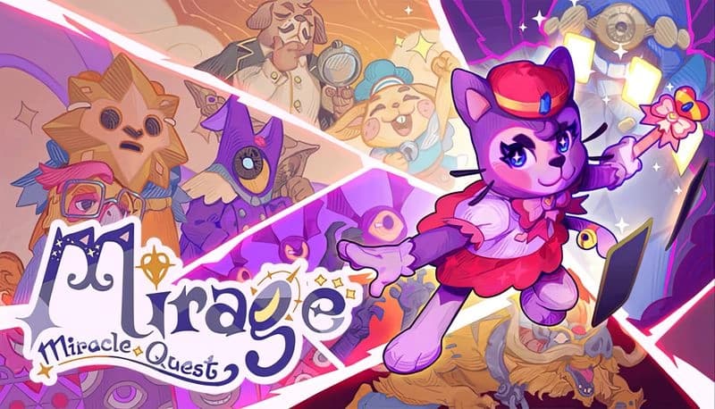 Mirage Miracle Quest: Cat girl wielding a wand leaps from a portal amid fantasy characters in vibrant, magical landscape.