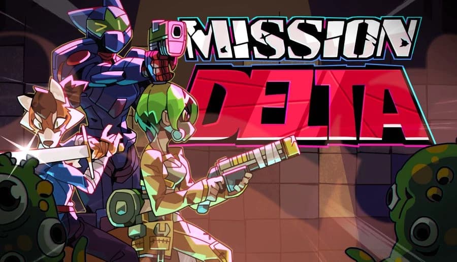 Mission Delta: Armored animal warrior swings glowing sword at green mutants in a dim industrial corridor backdrop.
