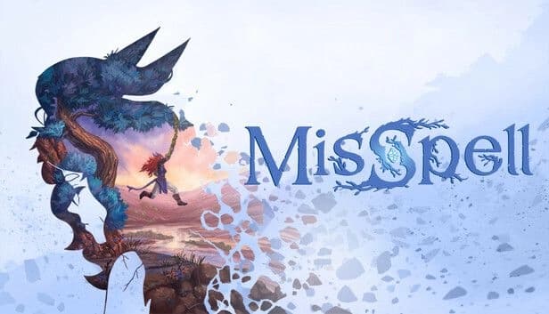 Misspell: Girl's silhouette holds scene of girl swinging from vine on twisted tree over island with mountains in backdrop.