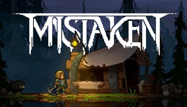 A young woman in armor holds a pickaxe, approaching a trader cabin in a misty forest under dim lantern light.