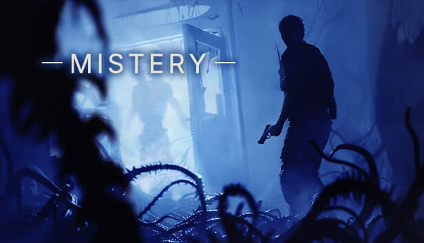 MISTERY: Silhouetted figure with weapon in dark room, tangled vines, ominous shadow. Horror setting, eerie atmosphere.