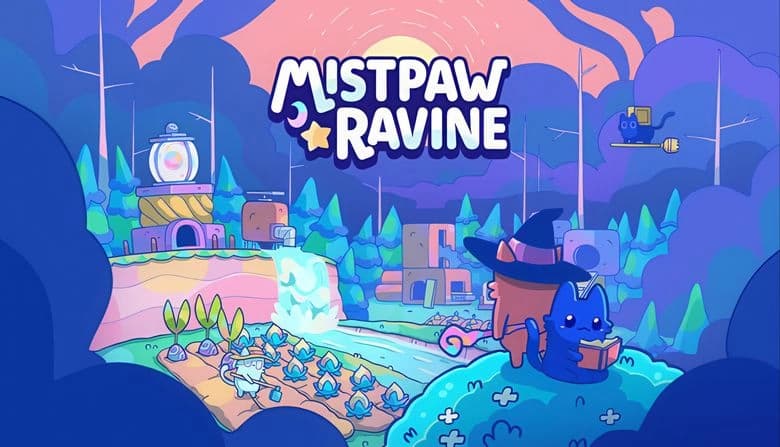 Mistpaw Ravine: Two cats on a hill overlook a colorful village, one cat in a witch hat holds a staff, the other reads a book.
