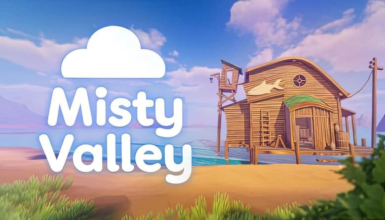 Misty Valley: Wooden boathouse on sandy shore with calm sea and blue sky, surrounded by lush greenery and distant hills.