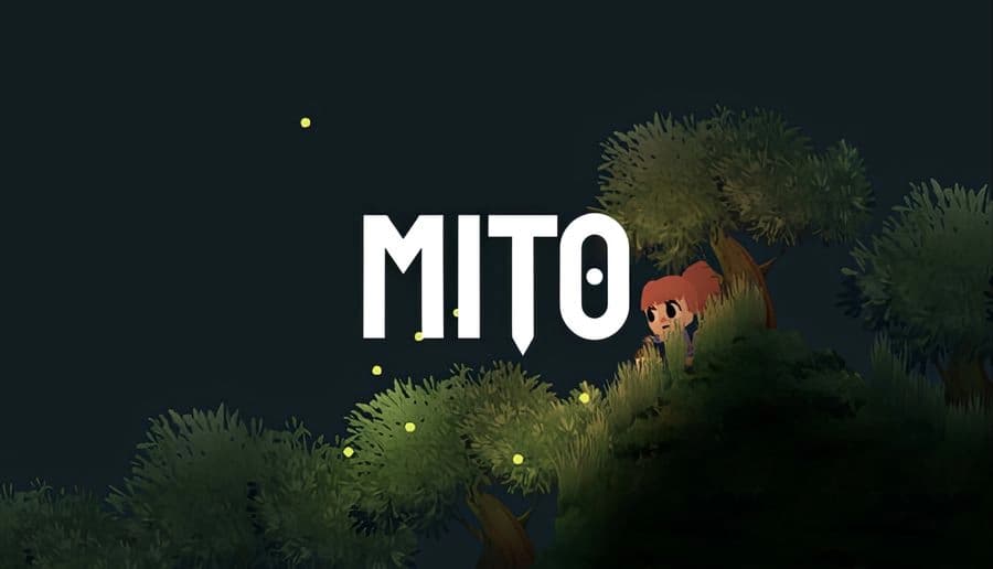 Mito: Young girl with red hair peeks from dense treetops surrounded by glowing fireflies in a dark forest setting.