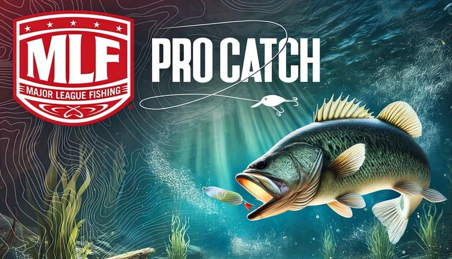 MLF: Largemouth bass lunging at a green-blue lure underwater with weeds and sunlit surface above.